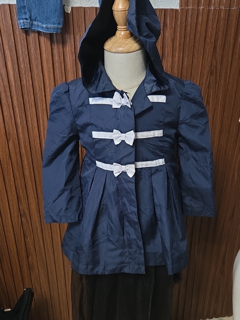 Rothschild Navy Hooded Girls' Coat with White Bow Trim Sz 2 T